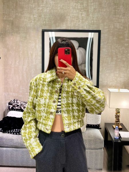 

2022 women's jackets new autumn winter sweet green hound stooth tweed jacket women lapel puff sleeve single breasted loose short vintag, Black;brown