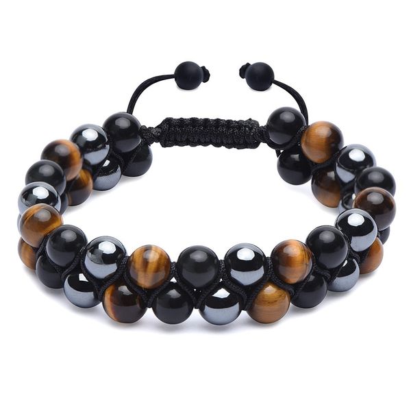

gemstone beaded strands bracelets adjustable dougle layers braided natural tiger eye beads fashion jewelry accessories gifts for men and wom, Black