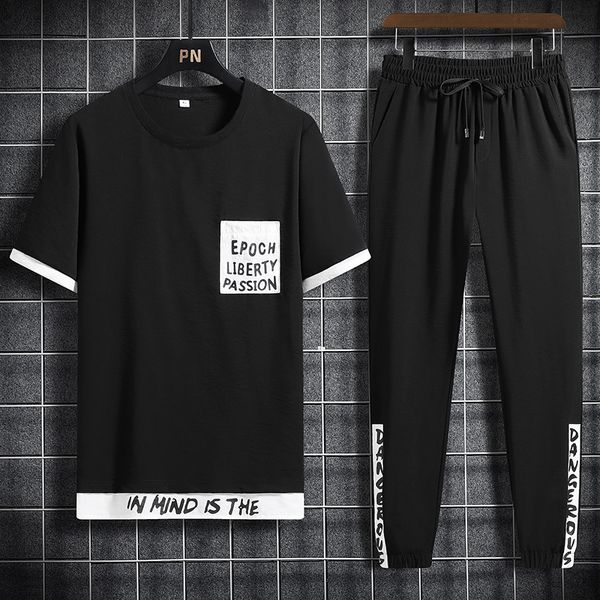 

summer men casual sets harajuku tracksuit t-shirt pants two pieces set men's streetwear running sports suit clothing, Gray