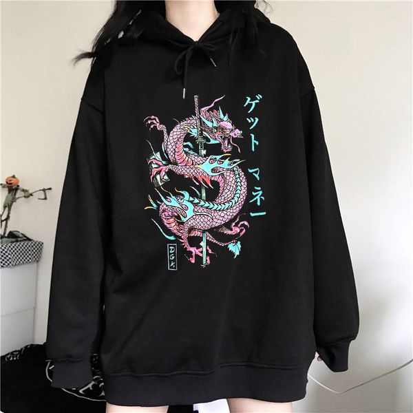 

women's hoodies sweatshirts japanese dragon print harajuku women letter fashion longsleeved vintage plus velvet ulzzang casual hooded s, Black