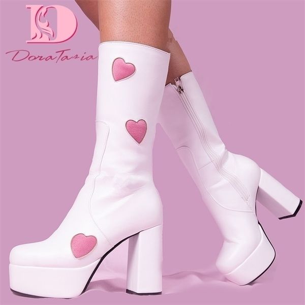 

boots doratasia autumn luxury mature women platform square toe thick high heels mid calf sweet cool shoes woman 220928, Black