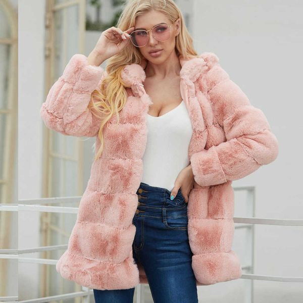 

women's fur faux leather autumn winter new coat hooded long t220928, Black