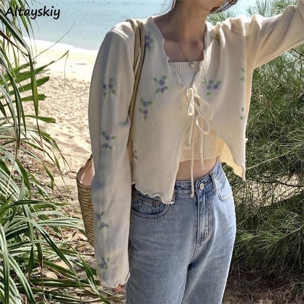 

women's knits tees cardigan women vintage embroidery sweet simple tender spring lovely lace-up bow all-match sun protection daily knitt, White