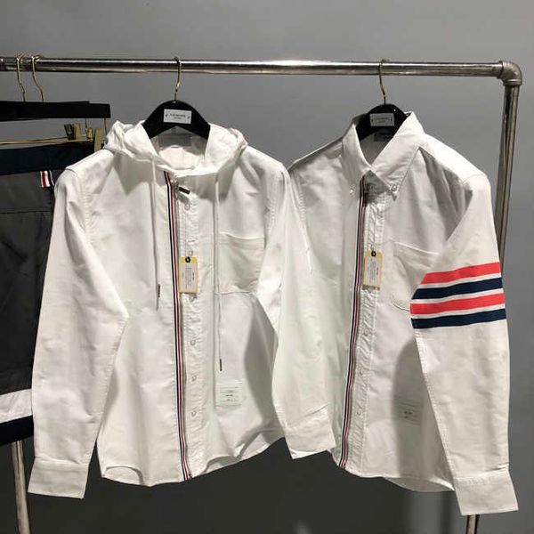 

2022 men's t shirts brand tb shirts men slim white long sleeve casual hooded oxford striped zipper solid clothing, White;black
