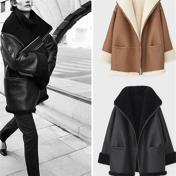 

women's fur faux winter women warm zipper coat long sleeve leather ladies fashion jacket female outwear with pockets 220929, Black