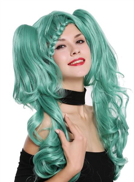 

popular ladies' wig cosplay lolita short braided removable long braids green wig, Black