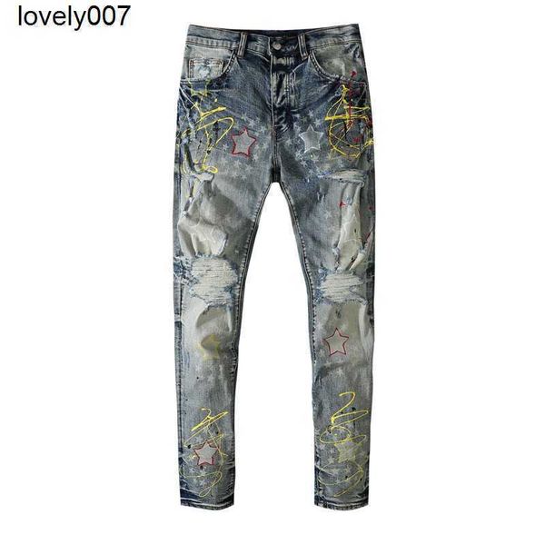 

dsigner men's jeans amirs graffiti series jeans men's autumn paint printing color painting elastic pasted cloth leggings, Blue