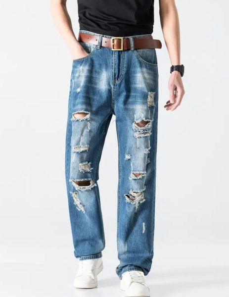 

men's hip-hop youth trousers with ripped hole / jeans /long length, Blue