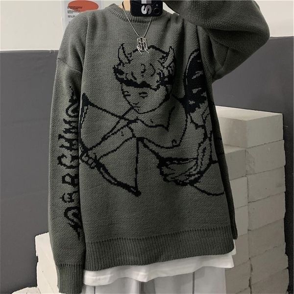 

mens sweaters harajuku angel hip hop street crew neck pullover couple trend knitting retro fashion warm oversized sweater women 220929, White;black