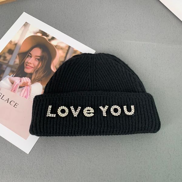

women beanie letter love you cashmere casual plain winter hat fashion street hats valentine's day solid diamond hat, Blue;gray