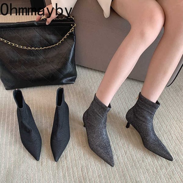 

boots autumn women pointed toe ankle fashion sequin cloth shoes winter female thin heel short 220929, Black