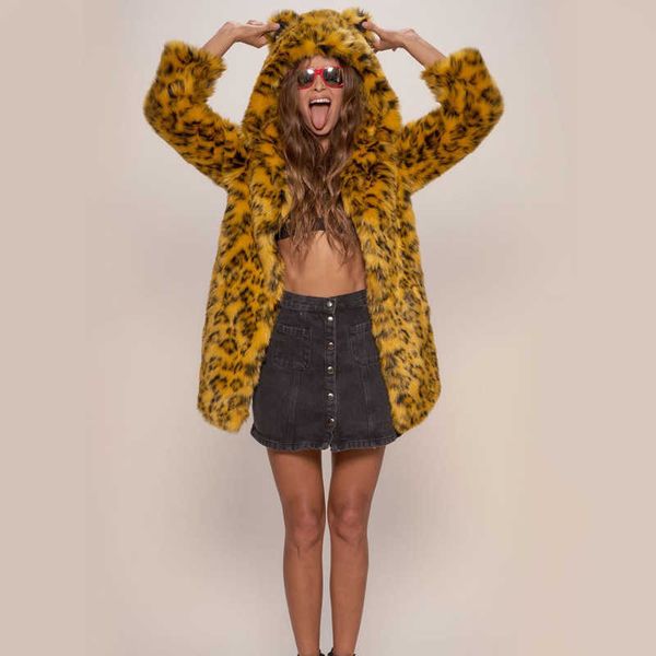 

women's fur faux leather coat yellow leopard print female hooded with ears cartoon plush t220928, Black
