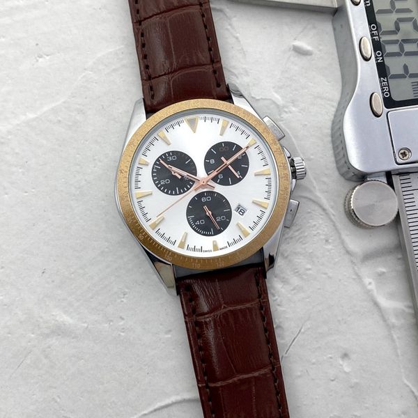 

men watch stainless steel six stitches 45mm luxury brand all dial work quartz watches ra fashion chronograph clock leather strap, Slivery;brown