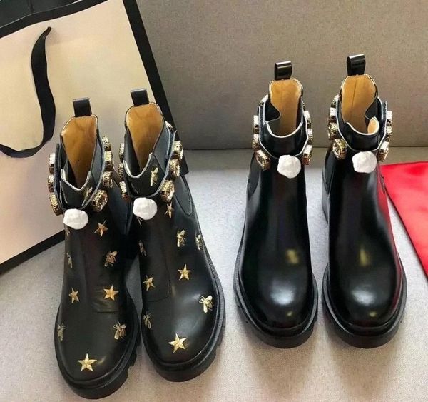 

boots martin short boots cowhide belt buckle metal women shoes classic bee thick heels leather designer high heeled winter diamond lady boot, Black