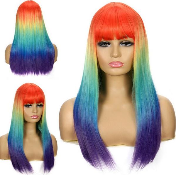 

women curly wigs cosplay costume long wavy full hair colorful gradient wig, Black