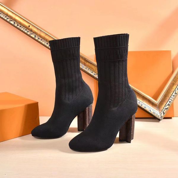 

Heeled Heel Boots Elastic Boot Women Shoes High Heels Autumn Winter Socks Fashion Sexy Knitted Designer Alphabetic Lady Letter Thick Large Size 35-42, #7 black
