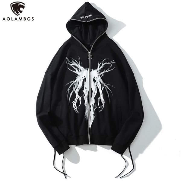 

men's hoodies sweatshirts aolamegs punk graphic print zipper ribbon hooded hoodie men casual black cool oversize coat fashion sweatshir