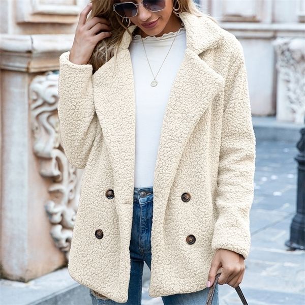

womens knits tees winter spring women solid color casual jacket loose warm coat elegant faux fur cashmere teddy female plush overcoat 22942, White