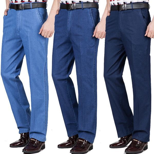 

men's jeans summer thin middleaged jeans casual high waist loose long denim pants male solid business casual straight jeans for men 220, Blue