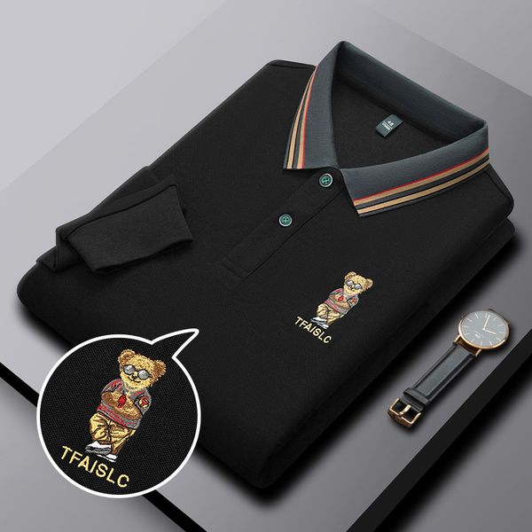 

men's polos 70% cotton polo shirt long sleeve tee bear embroidered fall business casual lapel fashion soft m-4xl 220928, White;black