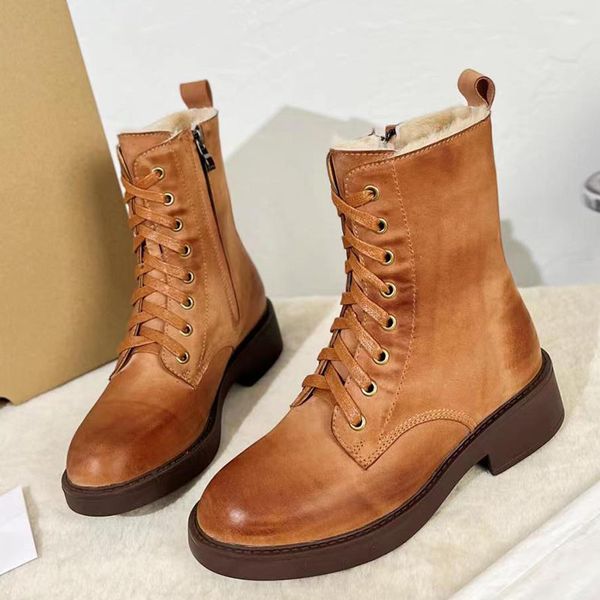 

winter cowhide women's snow boots wool round head lace-up half ankle boot casual fashion versatile martin booties luxury designer woman, Black