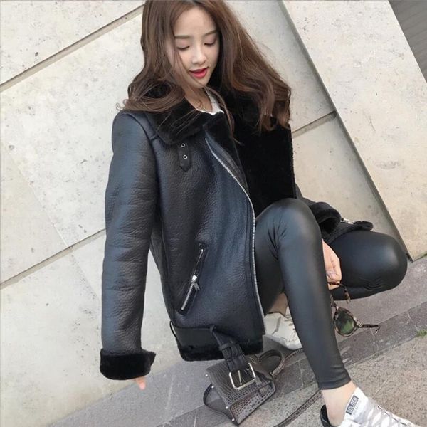 

2022 winter coats women thick faux leather fur sheepskin coat female fur leather jacket aviator jacket casaco feminino w300, Black