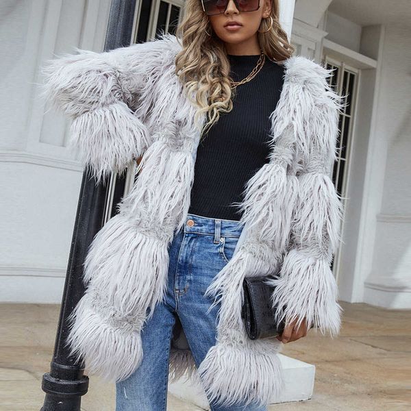 

women's fur faux leather coat fashion mid-length imitation plush t220928, Black