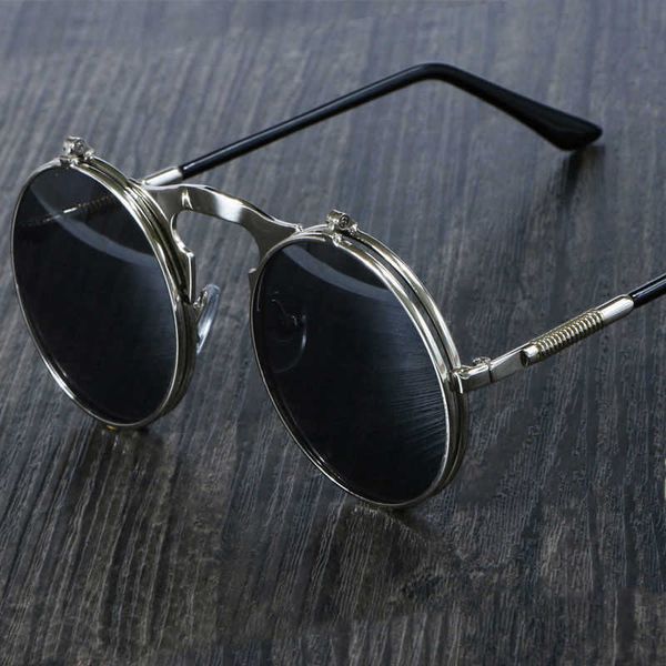 

retro flip round sunglasses men women metal steampunk style sun glasses male female double circular clear lens eyeglasses 0928, White;black