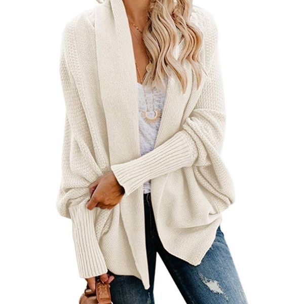 

womens knits tees autumn and winter bat sleeve large size knitted cardigan sweater regular women coat no placket solid color casual loose 22, White