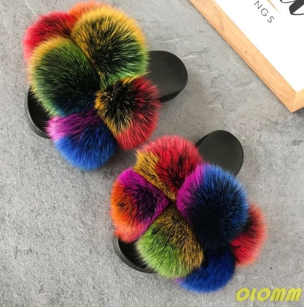 

slippers slipper wholesale women real fur slides home fluffy flat sandals female cute fluffy house shoes woman raccoon fur slides 220928, Black