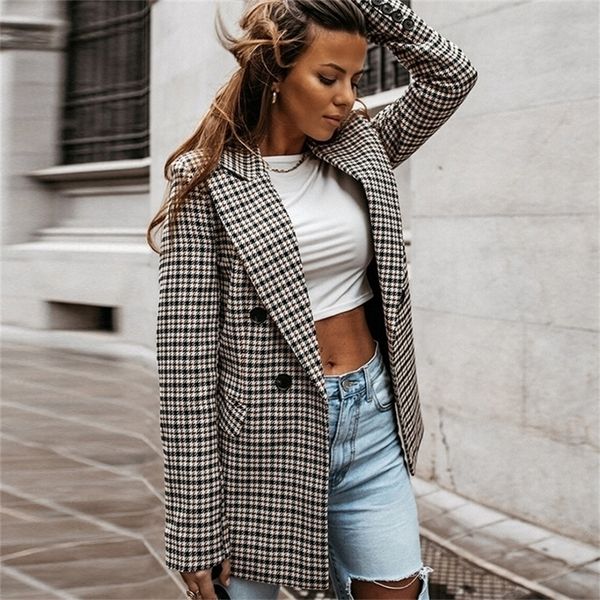 

women's suits blazers vintage plaid women blazer long sleeve double breasted jacket spring casual high street office lady coat american, White;black