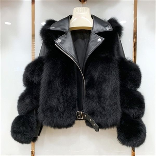 

women's fur faux real coats with genuine sheepskin leather wholeskin natural jacket outwear luxury women winter 220928, Black