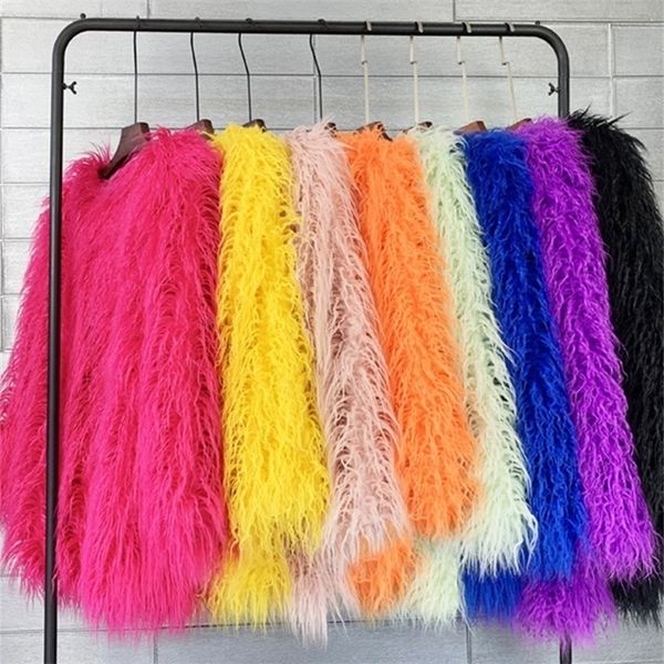 

women's fur faux zadorin winter mid long coat women korean fashion candy color sleeve fluffy sheep jacket black pink 220929