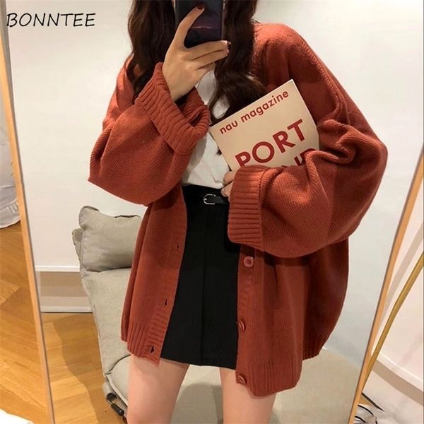 

womens knits tees cardigan women full sleeve vneck solid button knitwear retro lazy students korean style fashion allmatch simple sweater fe, White