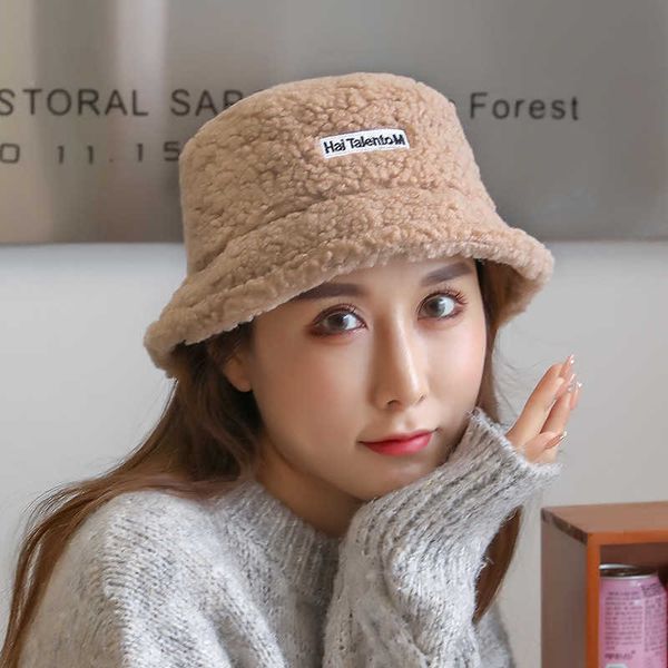 

stingy brim hats autumn winter hat lamb wool fisherman hat women's versatile new winter outdoor warm lamb cashmere letter basin hat 220, Blue;gray