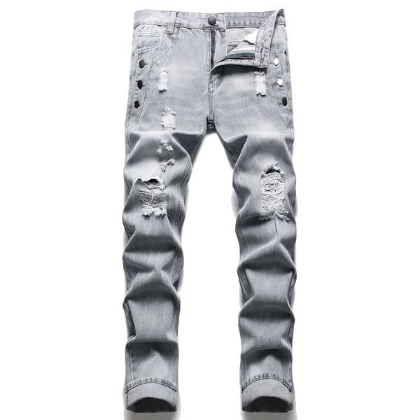 

men's jeans men gray denim jeans casual buttons holes ripped distressed pants straight trousers 220929, Blue