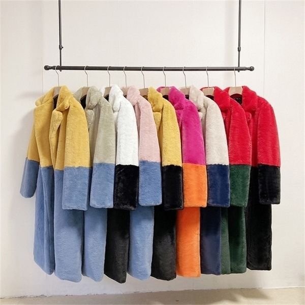 

women's fur faux winter warm coat color patch thick long turn down collar 220929, Black