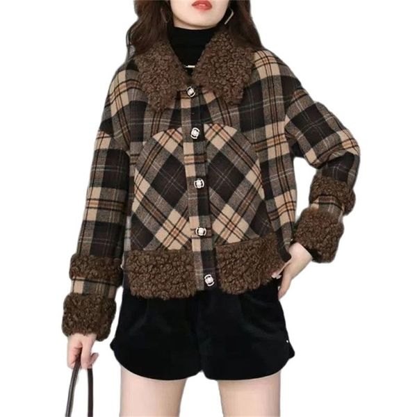

womens fur faux autumn and winter imitation cashmere coat lamb wool plaid fashion allinone loose short 220929, Black