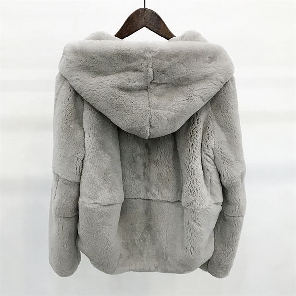 

women's fur faux whole skin natural real rex fur coat clothing women's winter hooded short jacket long-sleeved outerwear large siz, Black