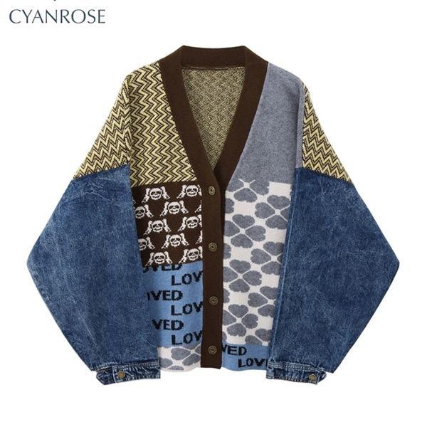 

women's knits tees vintage knitted cardigan sweater women patchwork denim coat v neck long sleeve knitwear casual loose outwear female, White