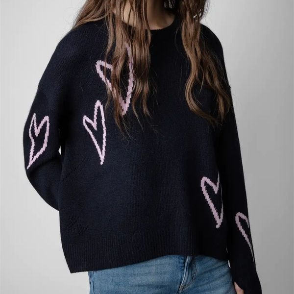 

womens sweaters womens100% cashmere sweater heartshaped jacquard female oneck long sleeve loose jumper for autumn winter 220929, White;black