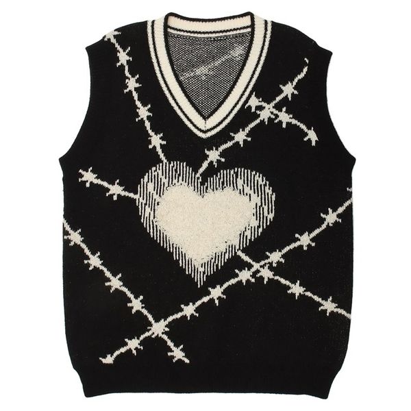 

women's vests heart jacquard sleeveless sweater vest loose casual vintage v-neck pullovers y2k women streetwear knitwear waistcoat 2209, Black;white