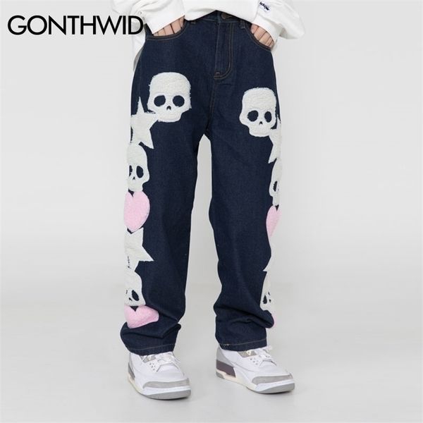 

men's jeans hip hop pants streetwear mens vintage embroidered skull star baggy denim harajuku casual trousers black blue 220928