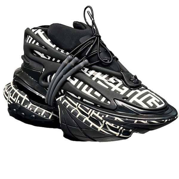 

men bullet shoes distinguished fashion trend ultra-thick sole ufo shape neoprene and leather unicorn low-sneakers, Black