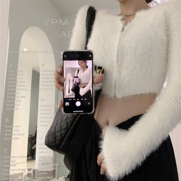 

womens knits tees vintage mink cashmere solid color casual longsleeved cardigan women autumn korean fashion allmatch knitted crop 220929, White