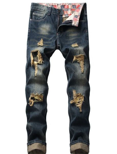 

men's washed blue ripped straight jeans /fabric slight stretch