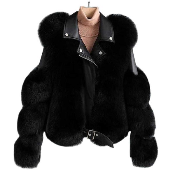 

women's fur faux fur faux fur women winter moto pu leather turn down collar warm jackets outerwear luxury female overcoat women's, Black