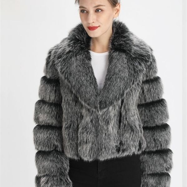 

womens fur faux zadorin luxury crop coat winter lapel long sleeve women thick fluffy cropped jacket 220929, Black