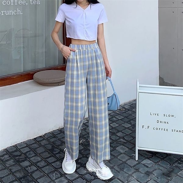 

women's pants capris max length summer cotton for high waist elastic loose baggy trousers casual working travel female plaid 220929, Black;white