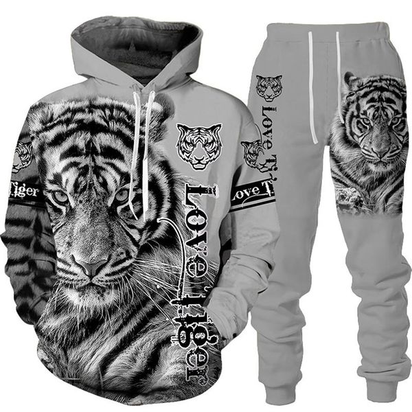 

men's tracksuits animal 3d tiger printed hoodie pants suit cool men/women 2 pcs sportwear tracksuit set autumn and winter clothing 2209, Gray